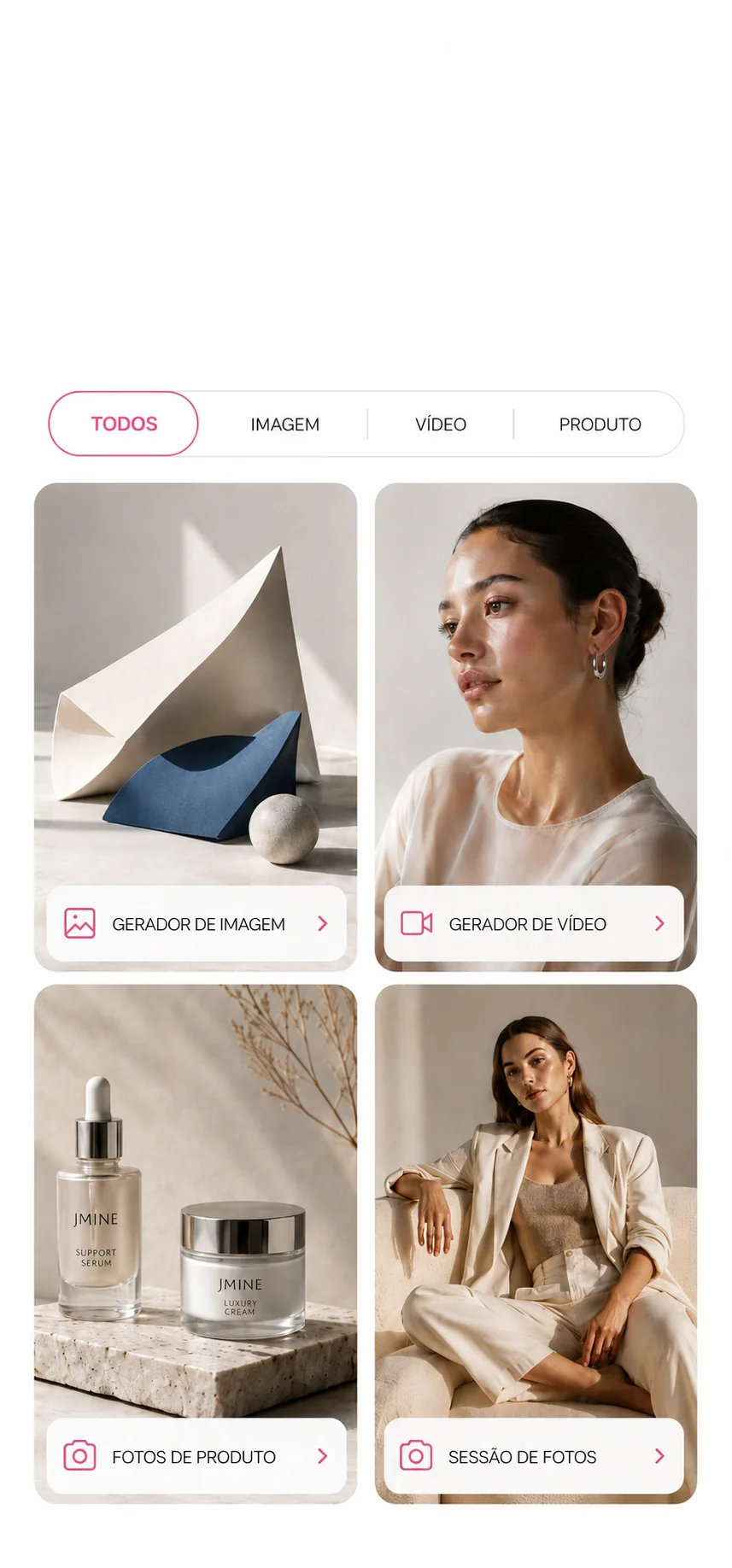 Todas as ferramentas num lugar só: geração de imagem, vídeo, fotos de produto e sessão de fotos